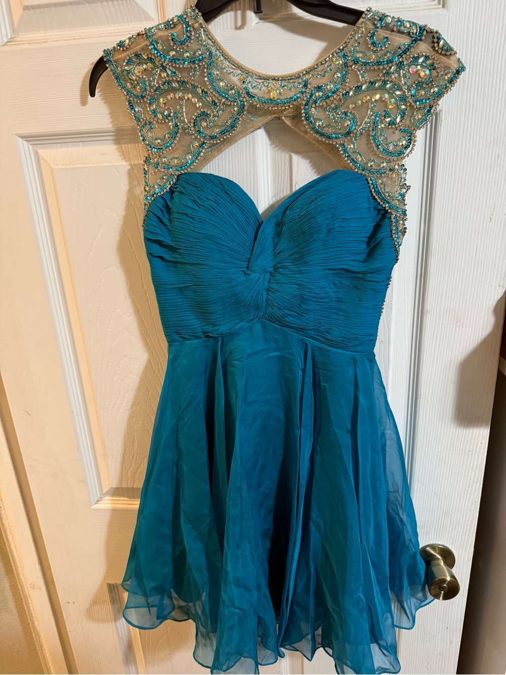 Teal Embellished Illusion Party Dress